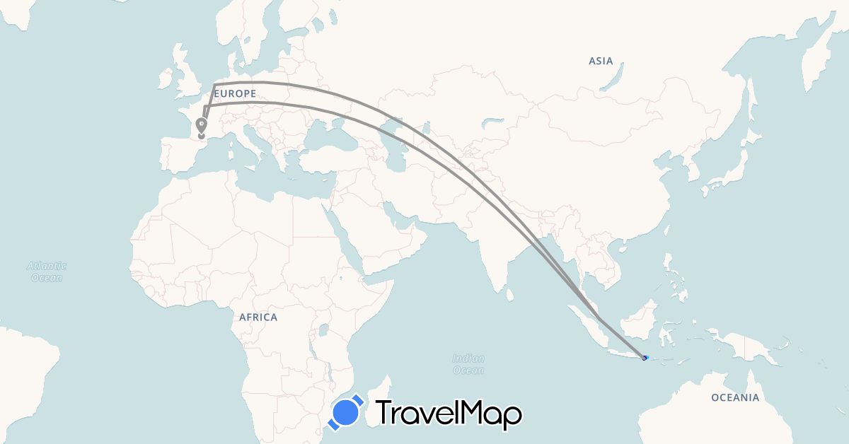 TravelMap itinerary: driving, plane, boat in France, Indonesia, Netherlands, Singapore (Asia, Europe)